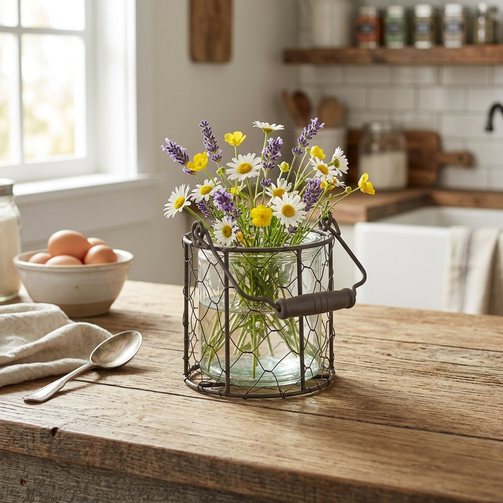 15S001BR - Teska Round Glass Jar with Brown Chicken Wire Basket