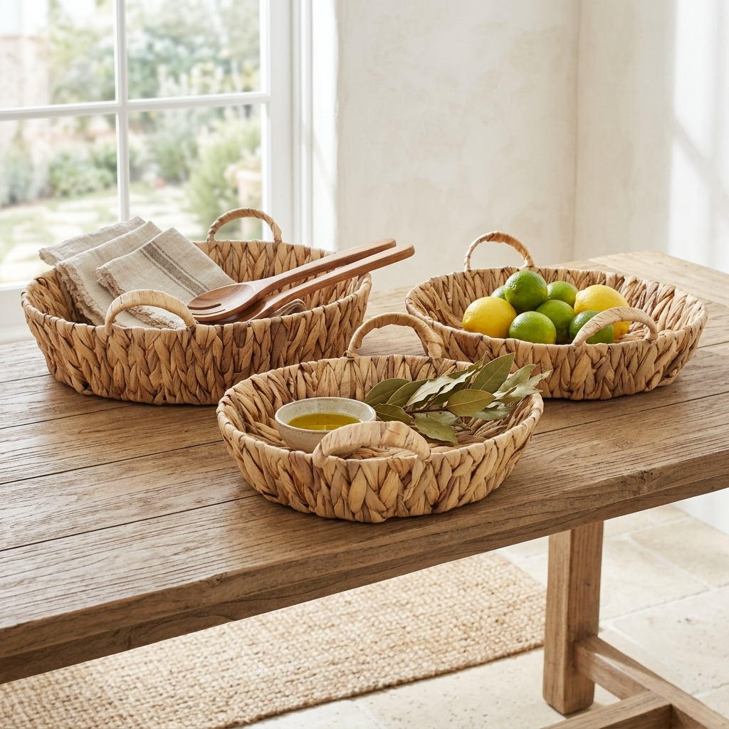 5827-3 - Laelia Set of 3 Round Water Hyacinth Handled Basket Trays