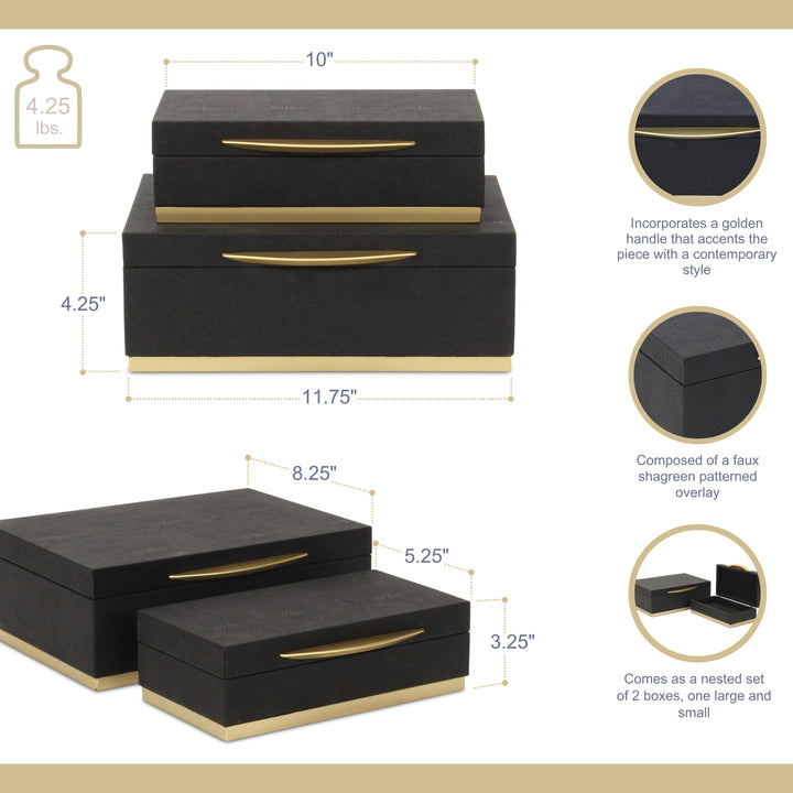 6054-2BK - Zynova Rectangle Shagreen Boxes - Black