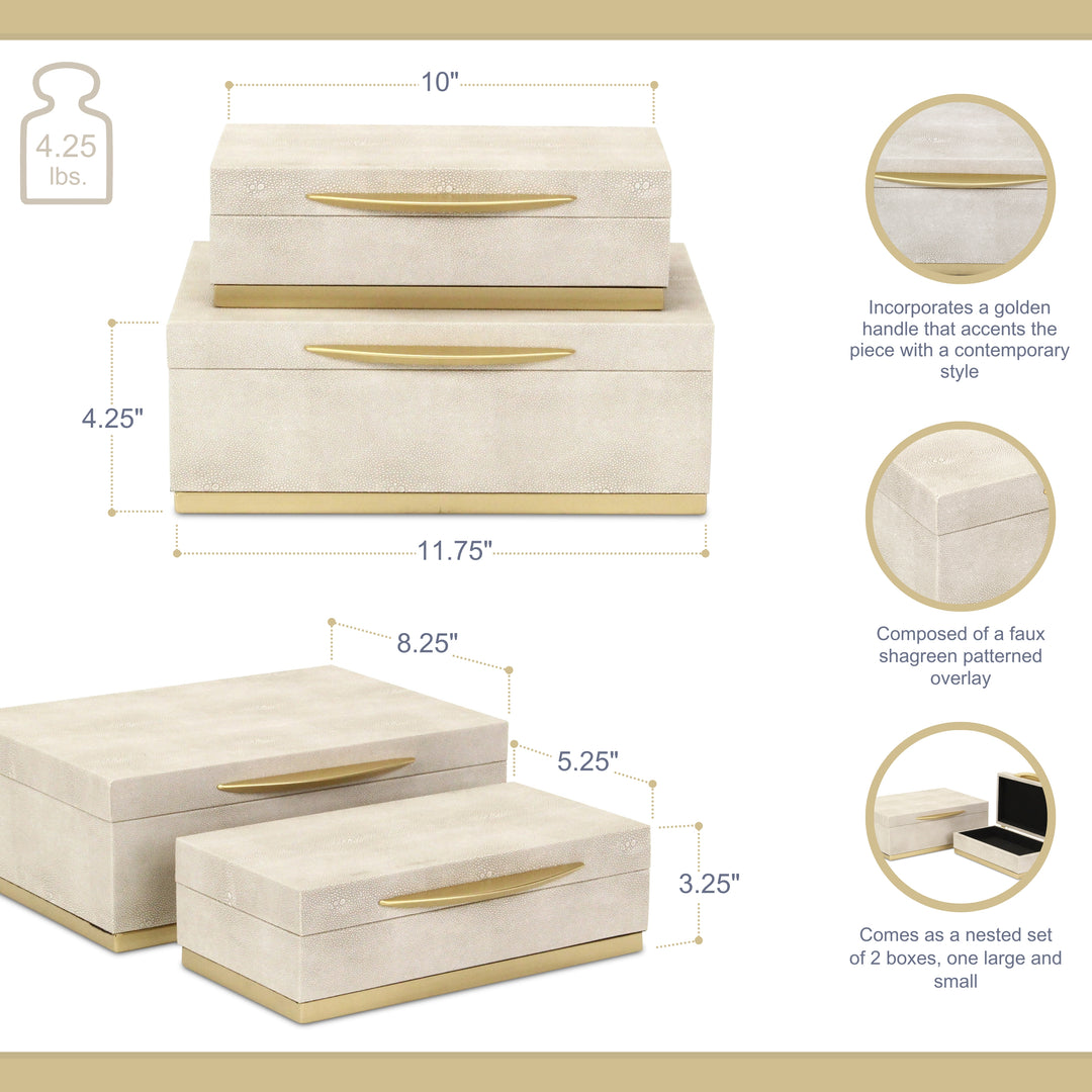 6054-2CR - Zynova Rectangle Shagreen Boxes - Cream