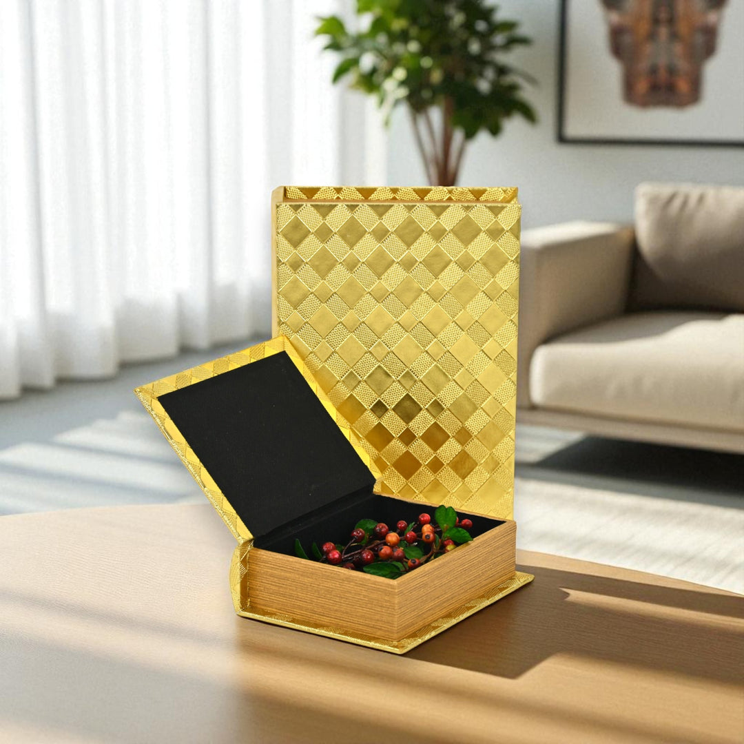 6197-2GD - Zuleika Vinyl Diamond Checkered Pattern Book Boxes - Gold