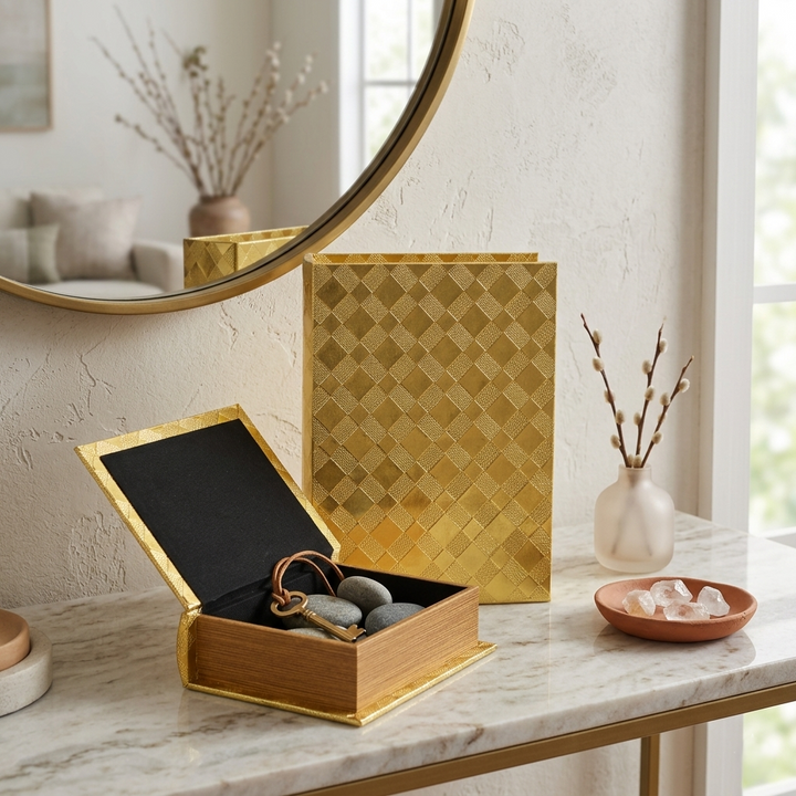 6197-2GD - Zuleika Vinyl Diamond Checkered Pattern Book Boxes - Gold