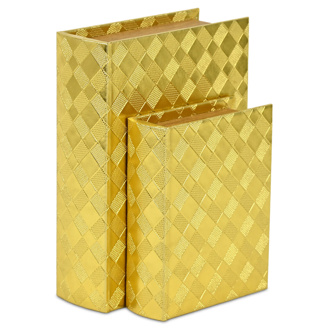 6197-2GD - Zuleika Vinyl Diamond Checkered Pattern Book Boxes - Gold