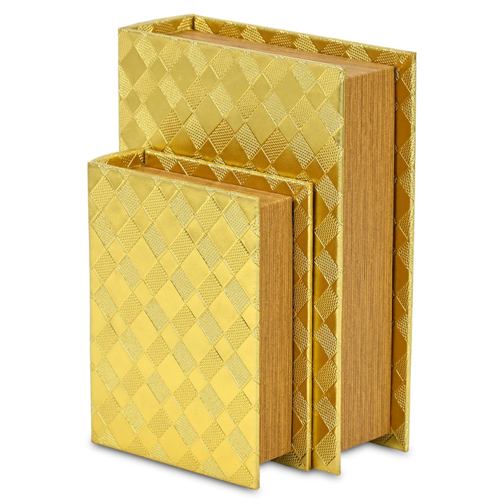6197-2GD - Zuleika Vinyl Diamond Checkered Pattern Book Boxes - Gold