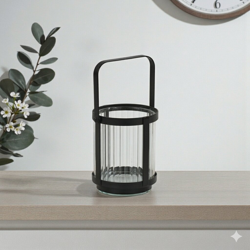 6255BK - Vortial Black Ridged Glass Lantern